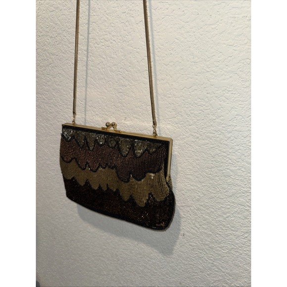 Vintage Heavily Beaded Clutch Evening Bag Handbag Purse Kiss lock Gold Multi Euc - Picture 11 of 13